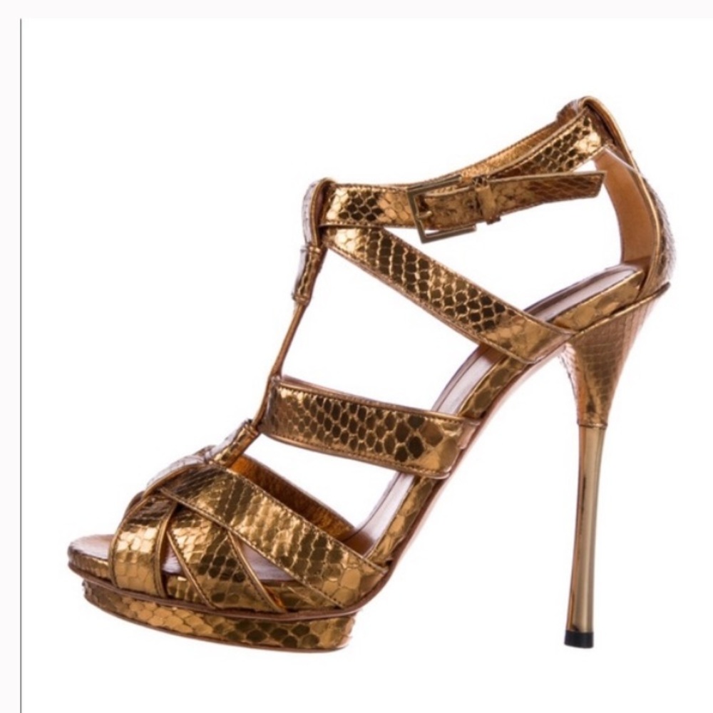 GUCCI Women’s Gold Gladiator Snakeskin Pump Sandals Stiletto Size 37